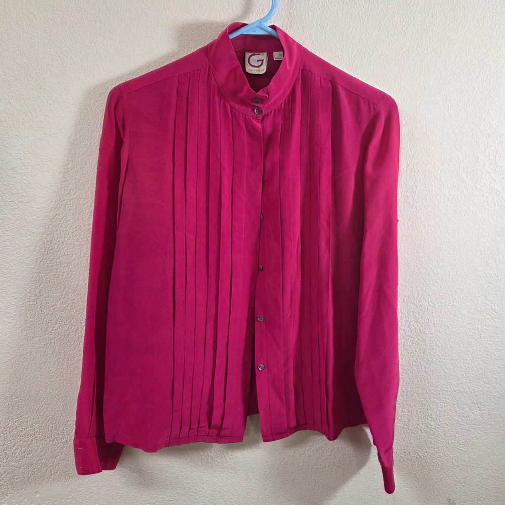 Vintage G LTD 100% Silk Pintuck Pleated Blouse Fuchsia Pink Size 10 Hong Kong